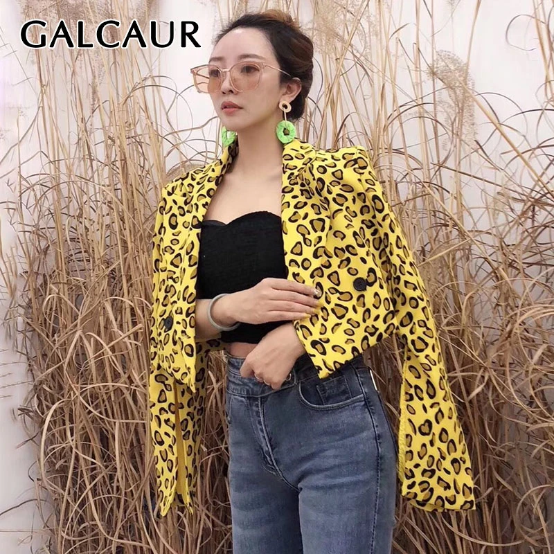 GALCAUR винтажная леопардовая Женская куртка воротник с лацканами расклешенный