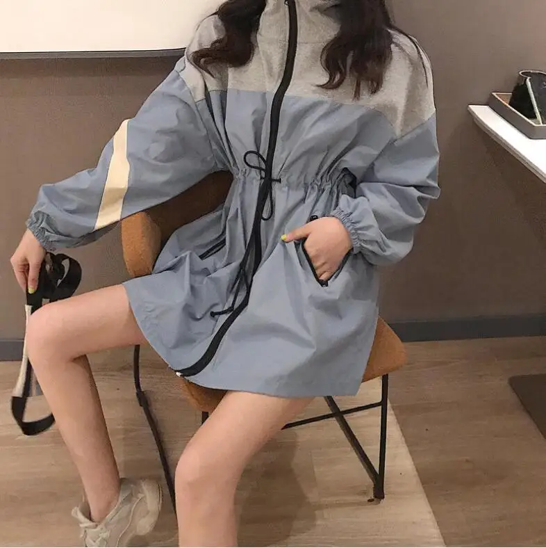 

Fashionable loose colour ladies'windbreaker spring patch high collar zipper waist mid-long jacket Young women's thin coat parkas