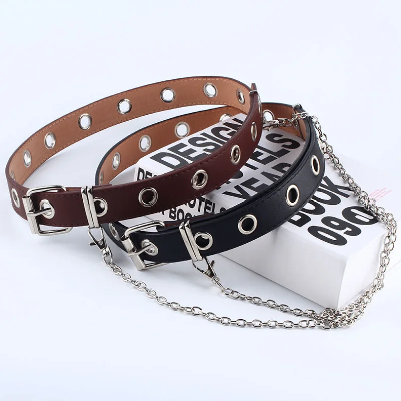 

Fashion Waist Bag Belt Women Punk Chain Belt Adjustable Black Single Eyelet Grommet Metal Buckle Leather Waistband for Jeans