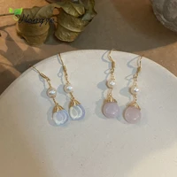 hongye fashion korean blue pink water drop stone natural freshwater pearl pendant earrings for women brincos jewelry anniversary