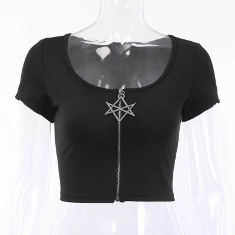 

Goth Dark Mall Gothic Emo Black Women T-Shirts Grunge Punk Bodycon Alternative Clothing Crop Tops Star Zipper Patchwork T-Shirt