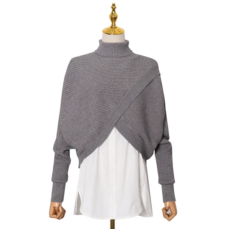 

New fashion temperament casual high collar irregular solid color sweater row button shirt Outfits women