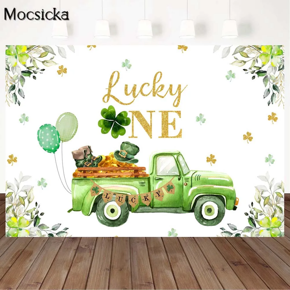 

Mocsicka St.Patrick's Day Lucky One Backdrops for Photography Shamrock Green Car Child 1st Birthday Photo Background Photocall