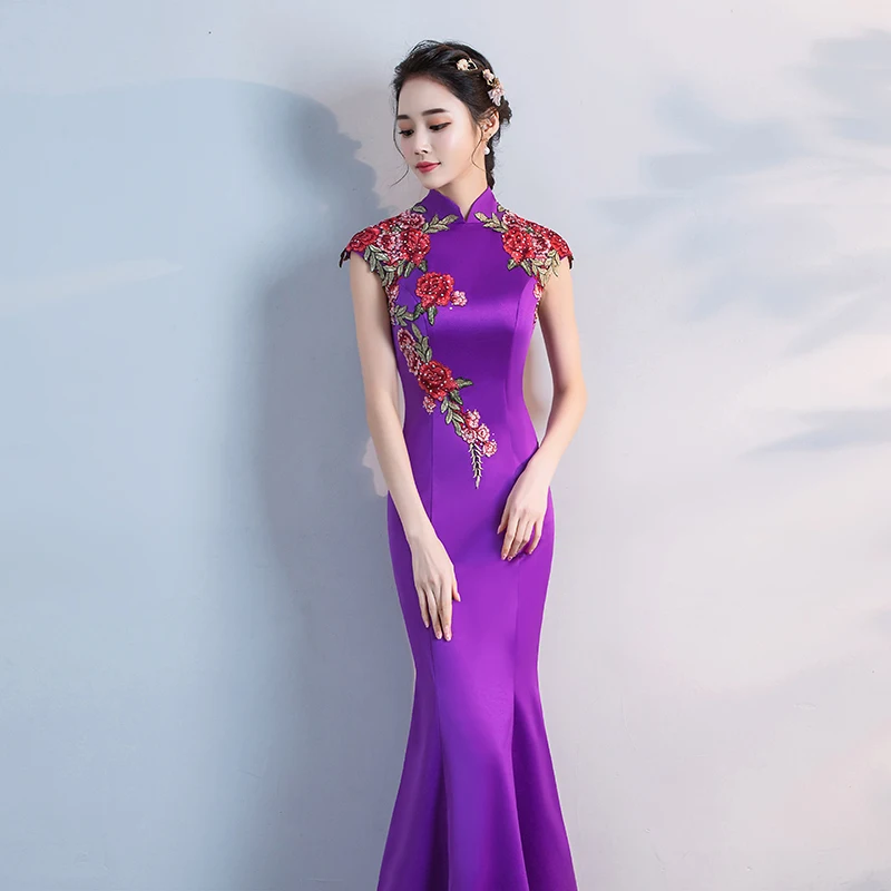 Белый женский Русалка без рукавов Длинные вечерние платья Cheongsam воротник стойка