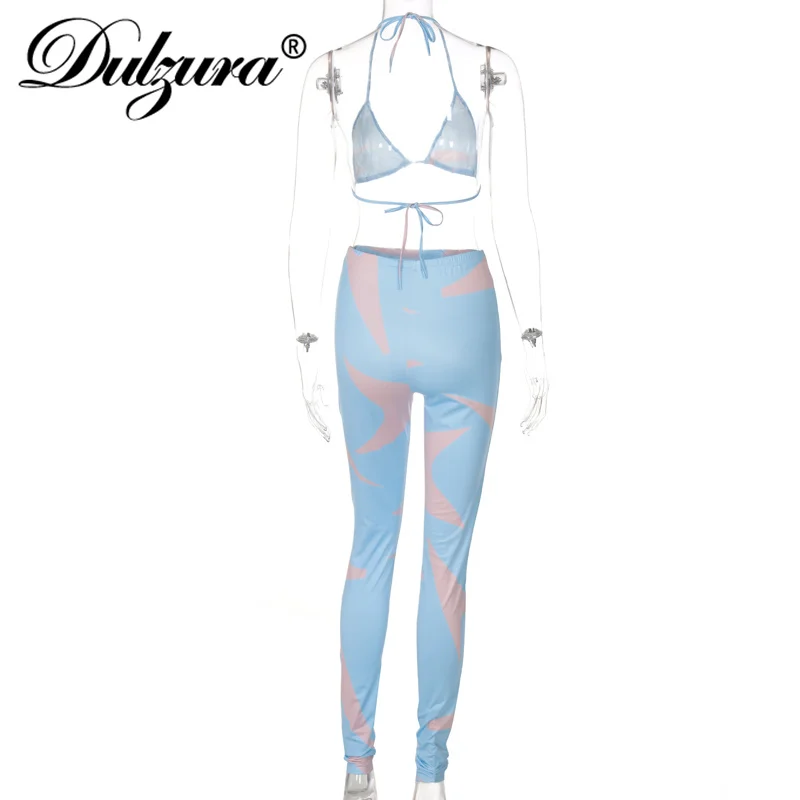 

Dulzura 2021 Summer Women Tie Dye Print 2 Piece Halter Bra Crop Top Leggings Set Bodycon Sexy Streetwear Casual Tracksuit Outfit