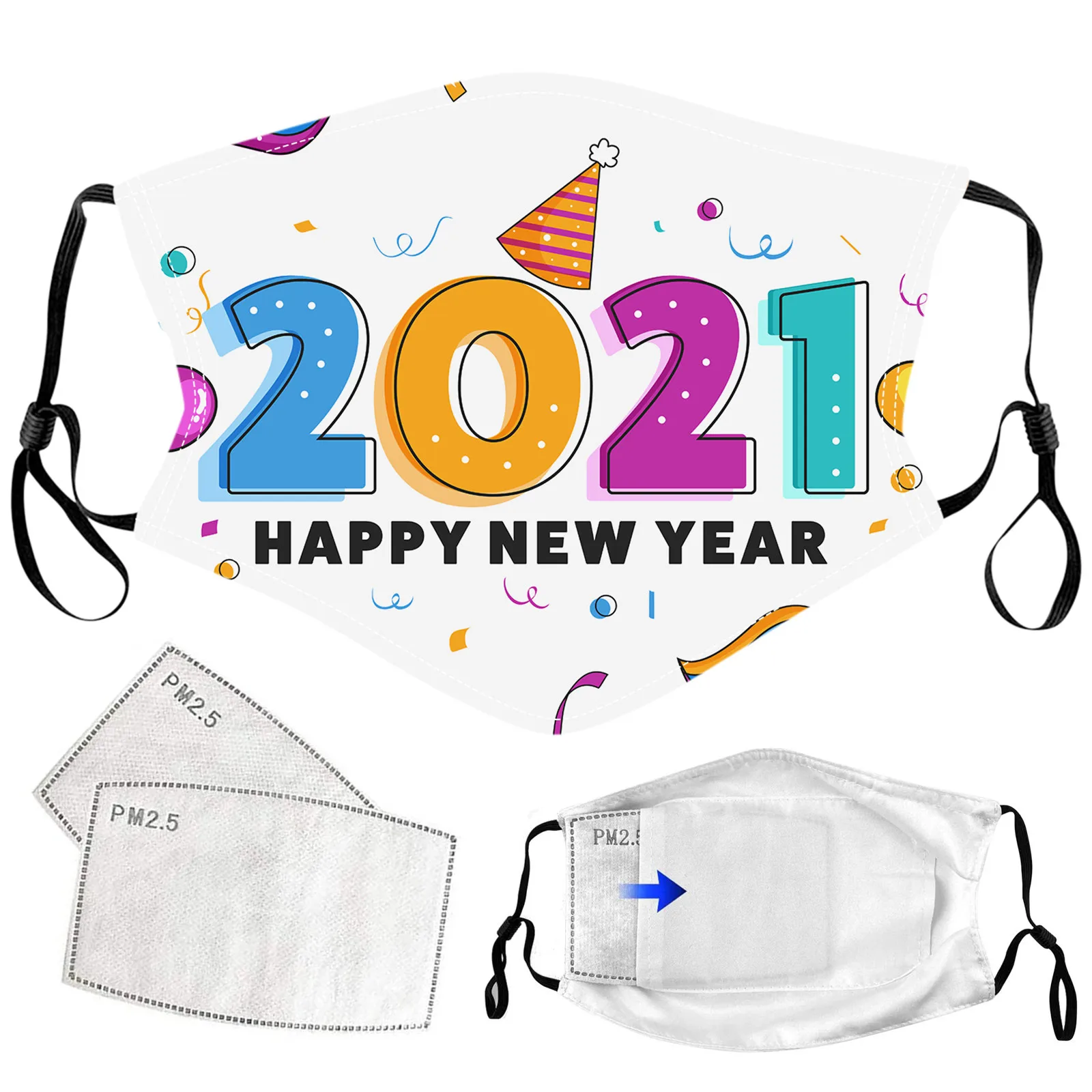 

2021 Happy New Years Reusable Mouth Mask Washable Face Mask Adult Printed Masks Fabric Adult Protective Pm 2.5 Dust Mouth d5
