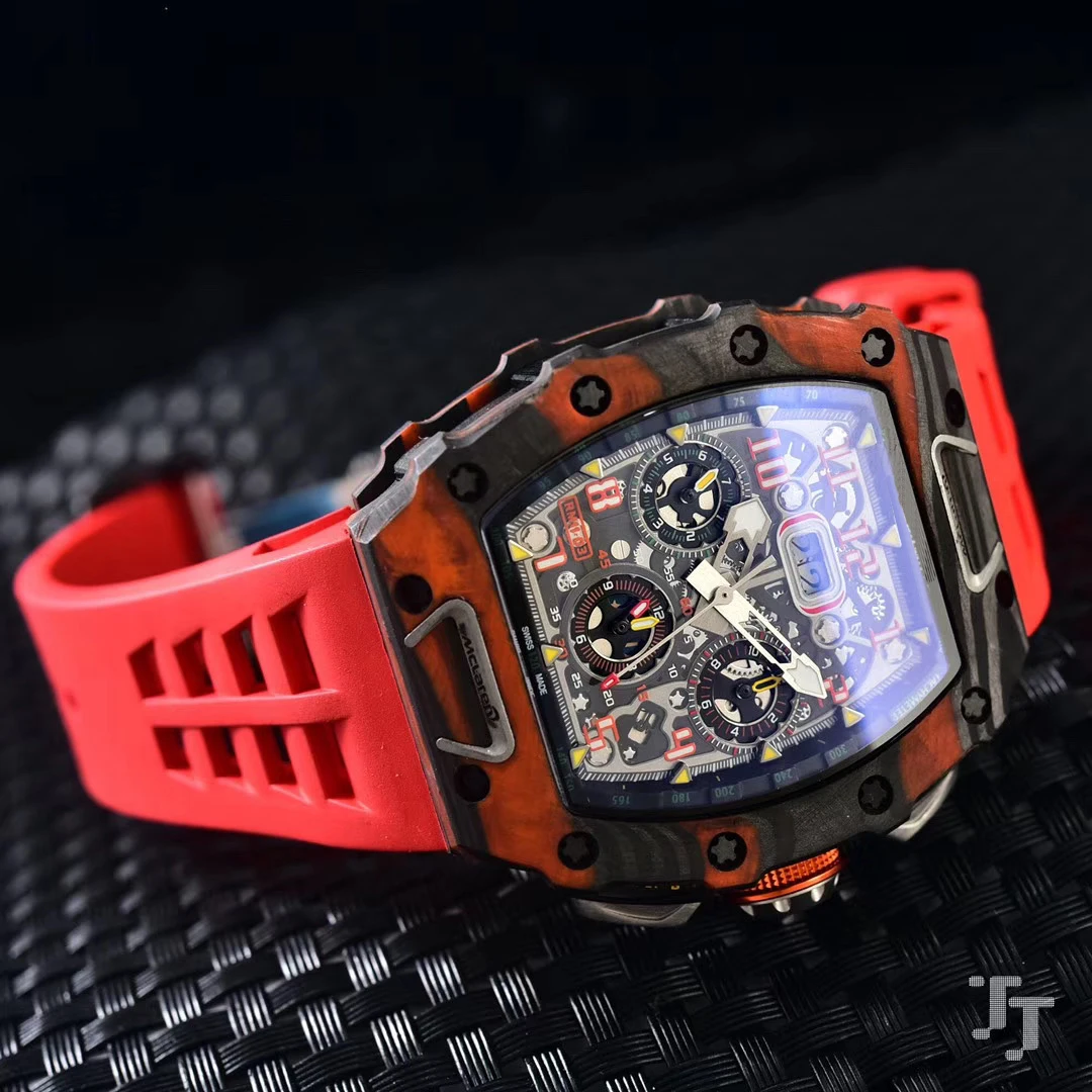 

New Black Rubber Men Watch Sapphire Automatic Mechanical Mclaren Orange Limited Flyback Titanium Carbon Fiber TPT