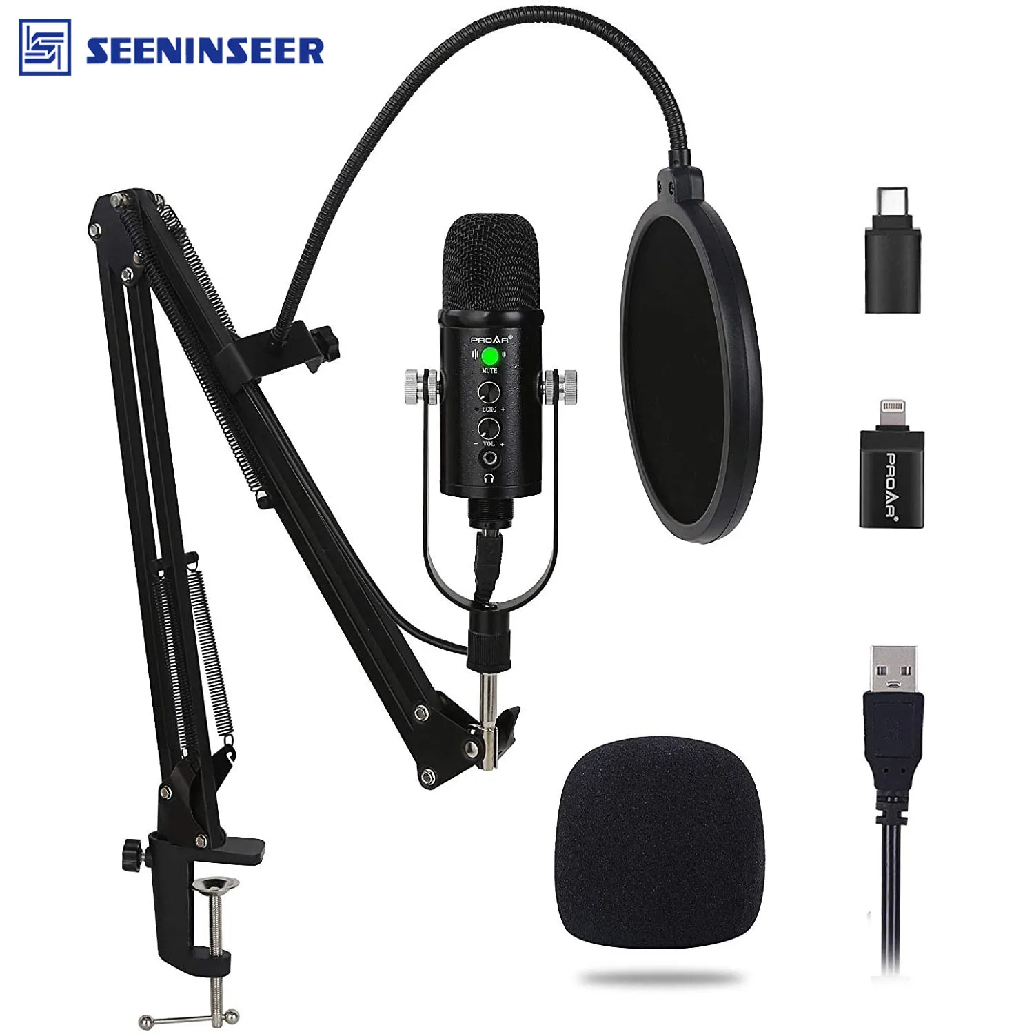 USB Condenser Microphone Computer PC Gaming Podcast Streaming Recording Vocals Cardioid Studio Mic with Pop Filter for YouTube