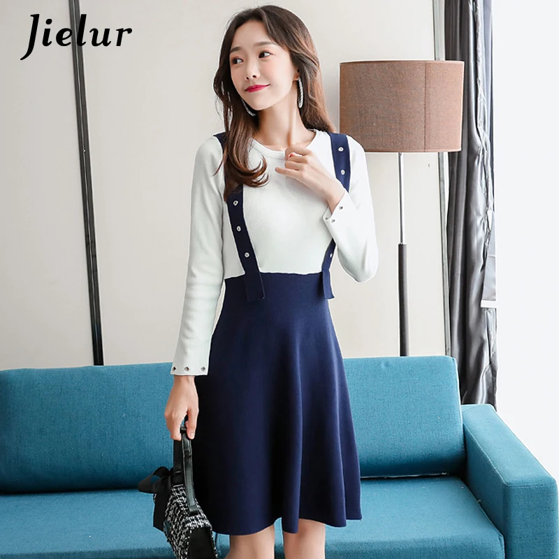 Jielur осеннее платье с длинным рукавом лоскутное открытыми плечами женское белое