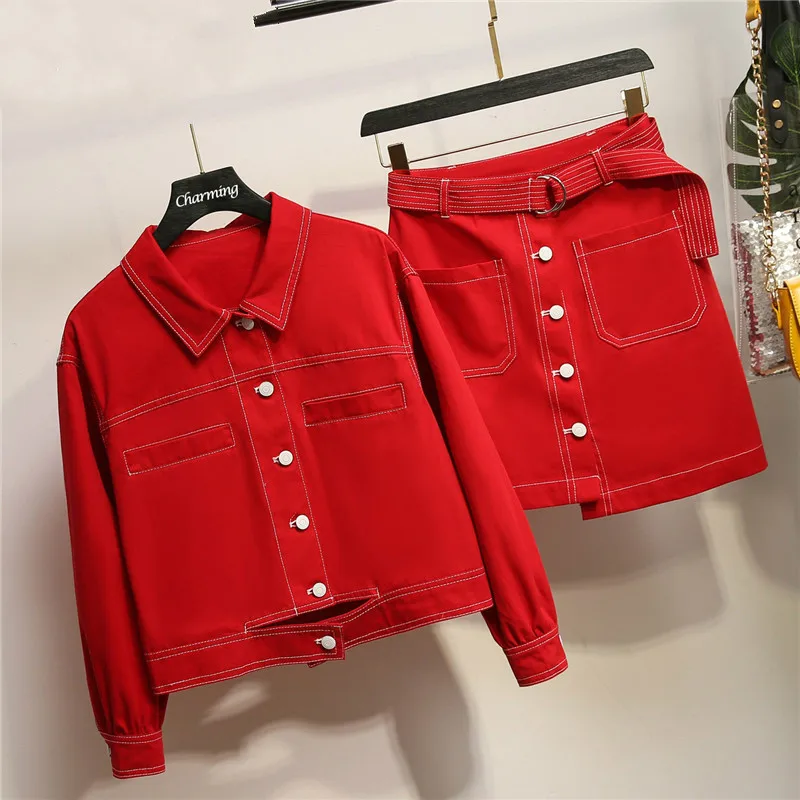 Женский комплект 2 шт. с отворотом длинными рукавами красная джинсовая куртка