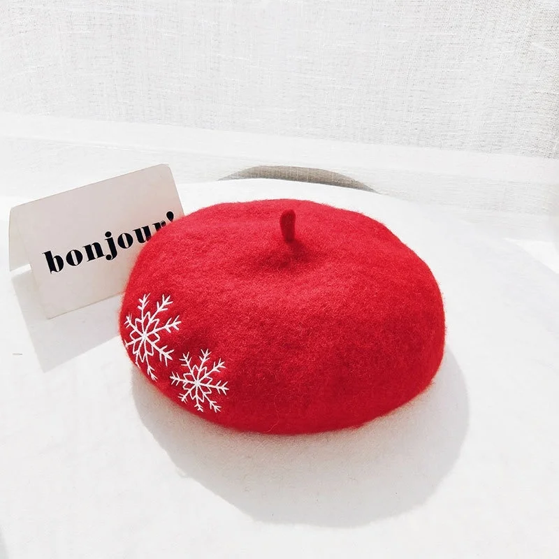 Высокое качество шерстяной берет вязаная шапка снежинка вышивка теплая зимняя