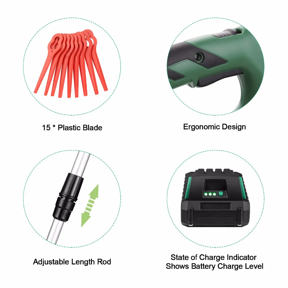 DEKO DKGT06 20V Lithium 1500mAh Cordless Grass String Trimmer with Battery Pack and Blade Pendants |