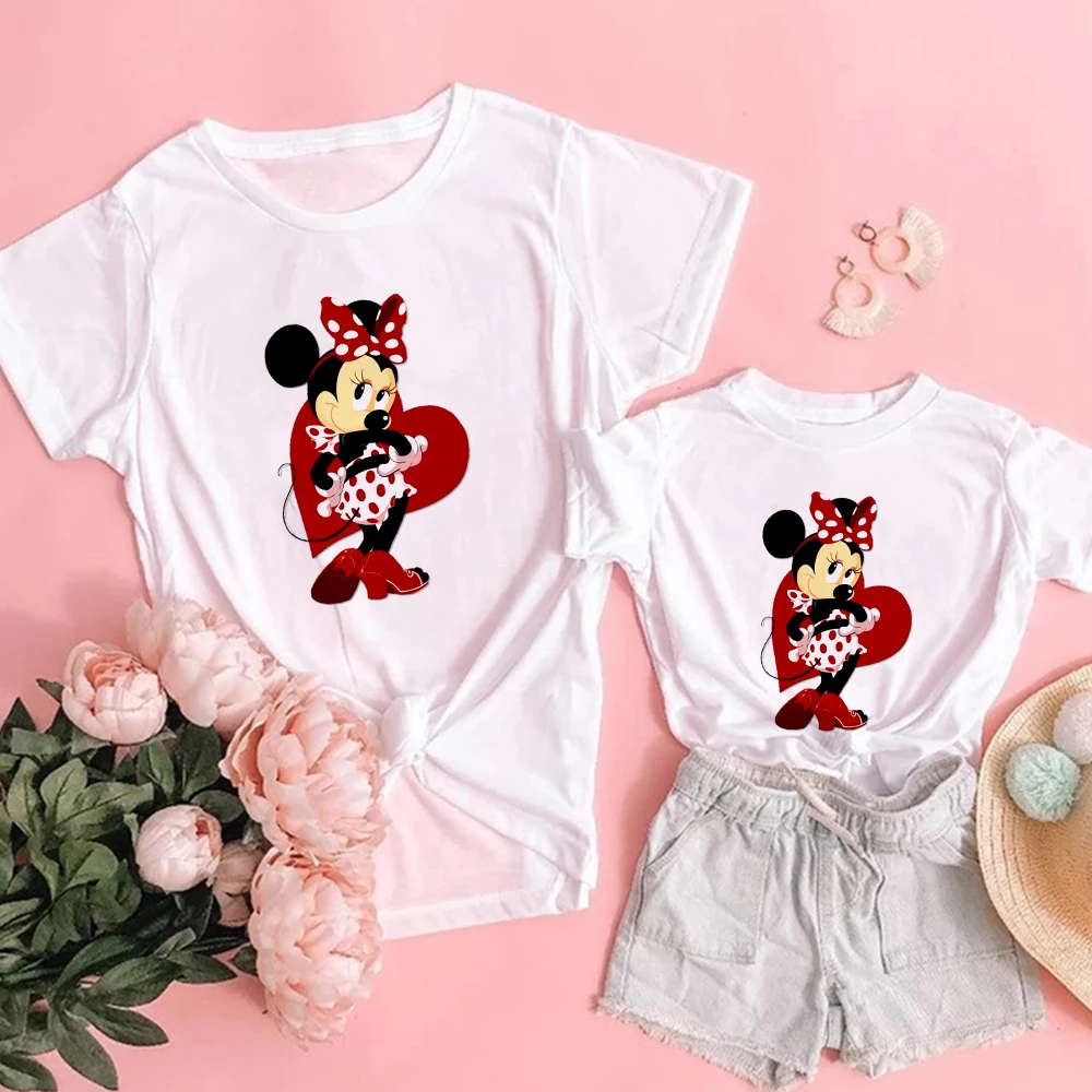 

Women T-shirt Fashion Minnie Mouse Bikini Print T Shirt Harajuku Casual Baby Girl Boy Children Tshirt Disney Famliy Look