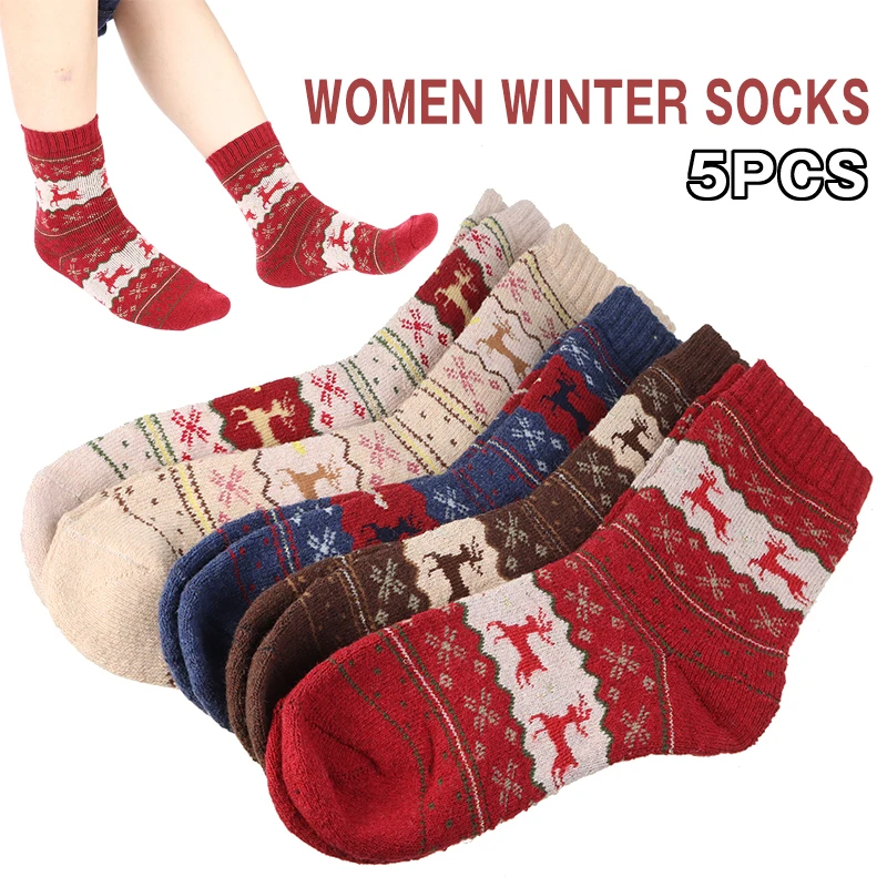 

5 Pairs Winter Thickened Warm Women Socks Cute Wool Blended Christmas Hosiery Breathable Elk Pattern Middle Tube Sock Keep Warm