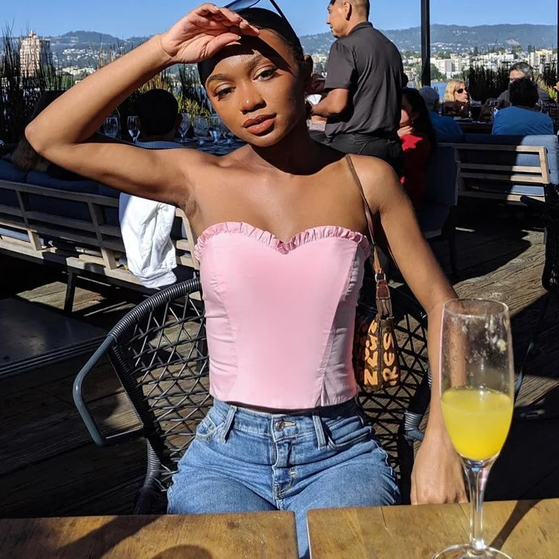 Лето 2019 без бретелек милый сексуальный топ рукавов кружевной воротник пэчворк