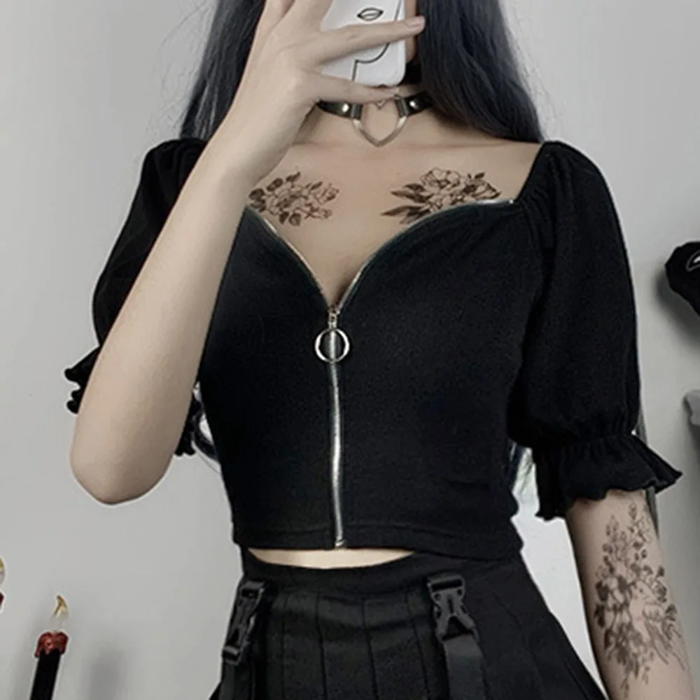 

High Street Fashion T-Shirt Temperament Hipster Sexy Zipper Solid Color Beautiful Back Puff Sleeve Casual Summer 2021