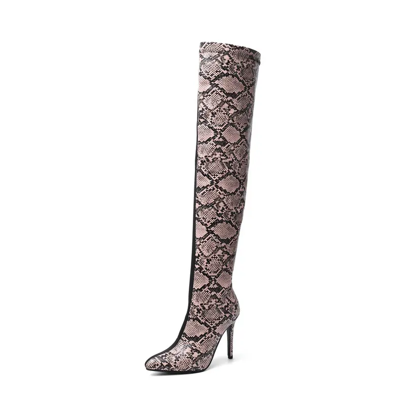 

2020 Fashion Women Over the Knee Boots Thin High Heel Pointed Toe Women Long Boots Mixed Color PU Snake Print Ladies Shoes