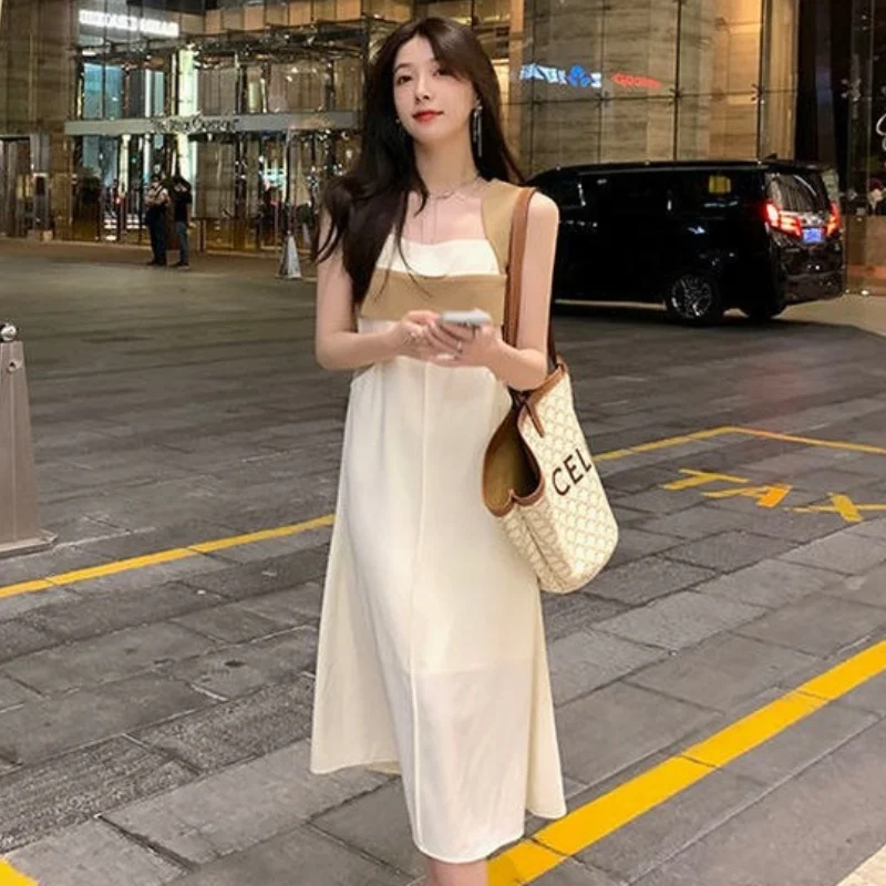 

2021 Hight Waist Casual Korean Strap Long Dress Summer Vintage Patchwork Dress Women Slim Retro Party Sexy Mini Dress Female