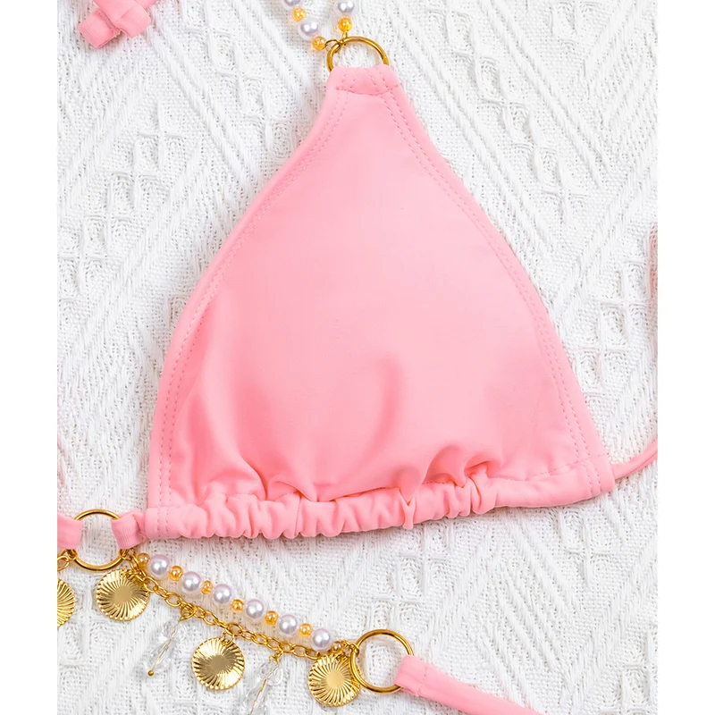 

Pink Bikini Swimwear Women Diamond Shiny 2 Piece Set Swimsuit Triangle Push Up Bathing Suit Backless Beach Wear Biquini