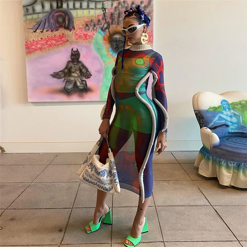 

Robe Long Sleeve Turtleneck Female Party Club Dresses Multi-color Fall Y2K Mesh Midi Women's Dress Undefined Hipster Foam Vine