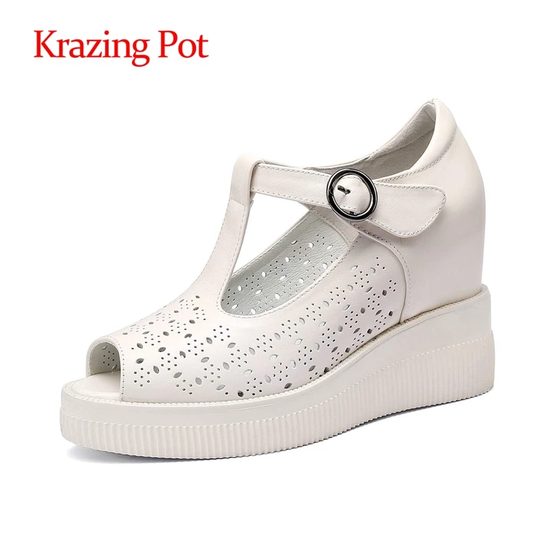 

Krazing Pot genuine leather round toe extreme high heel shallow sweetwear hollow out buckle straps peep toe women sandals L56