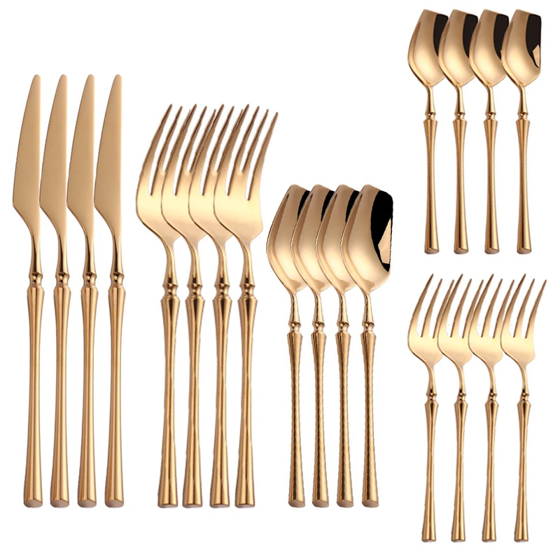 

20PCS Portable Stainless Steel Tableware Golden Dinnerware Table Cutlery Knife Spoon and Fork Set Korean Able for Dishwasher