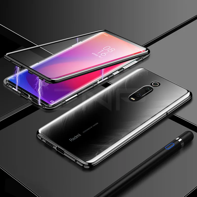 ZNP Магнитный адсорбционный металлический чехол для телефона для Xiaomi 8 9 SE 9T Pro двухсторонний стеклянный Магнитный чехол для Redmi Note 7 K20 Pro чехол s - Цвет: Black