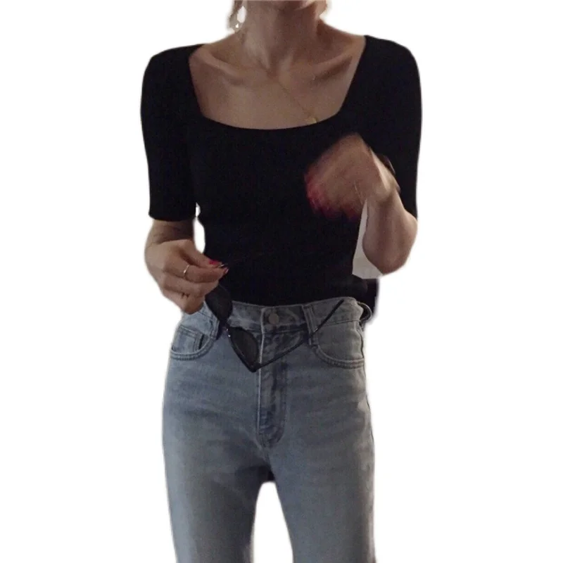 

Korean Ins Summer French Style Small Shirt Bottoming Shirt Square Collar Slimming and Short Knitwear for Women Top T-shirt with