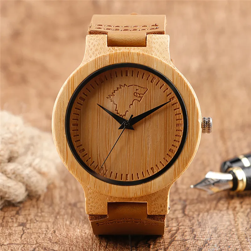 

Antique Engraved Wolf Dial Natural Wood Clock Men's Quartz Analog Wristwatch Soft Leather Bracelet Strap Casual Clock Timepiece-