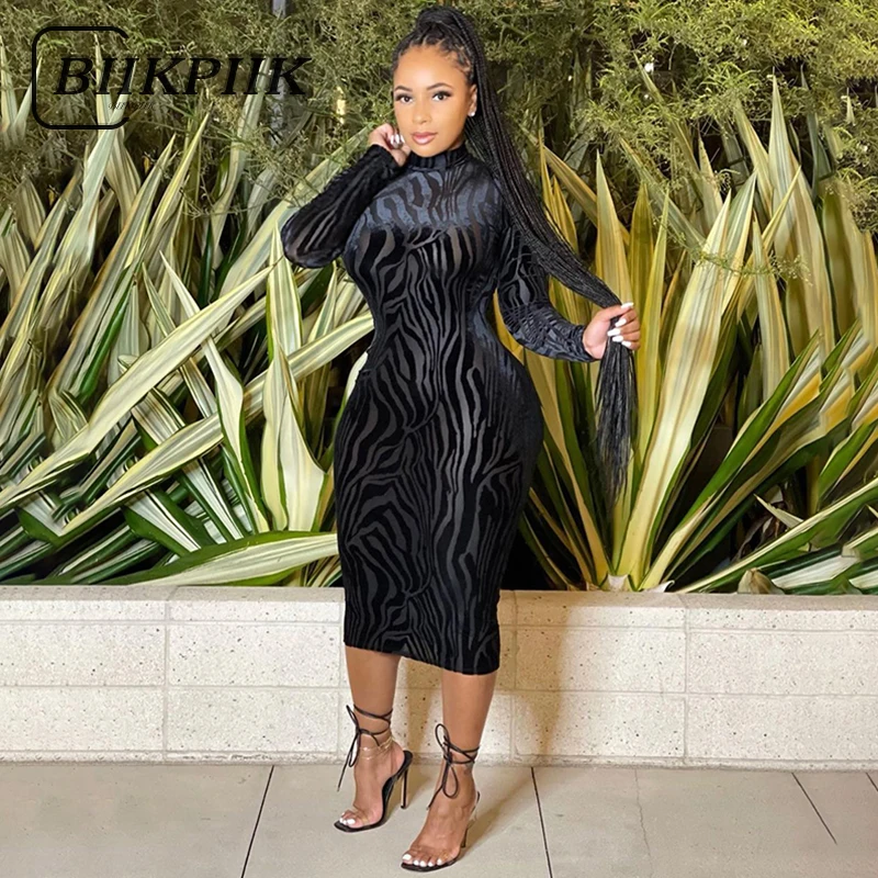 

BIIKPIIK Midi Dress Black Flocking Stripes Half-high Collar Autumn Winter Outfit Bodycon Elegant Dresses For Women Party Evening