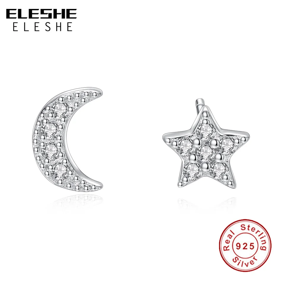 

ELESHE Dazzling Crystal CZ Moon Star Stud Earrings 925 Sterling Silver Trendy Earrings For Women Wedding Engagement Jewelry Gift
