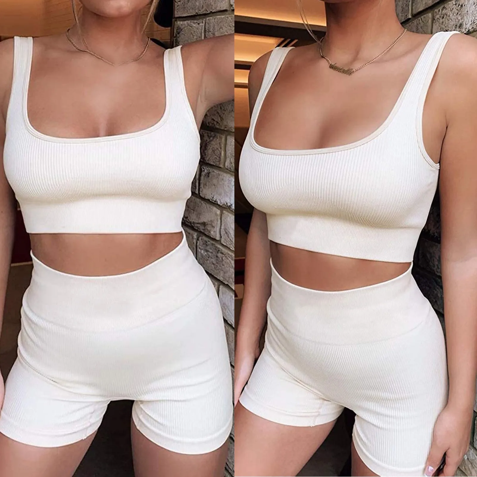 

Women Seamless Legging Set Ribbed Tank High Waist Shorts Vest Yoga Outfits Activewear Leggings Fitness Sport Jeggings C2