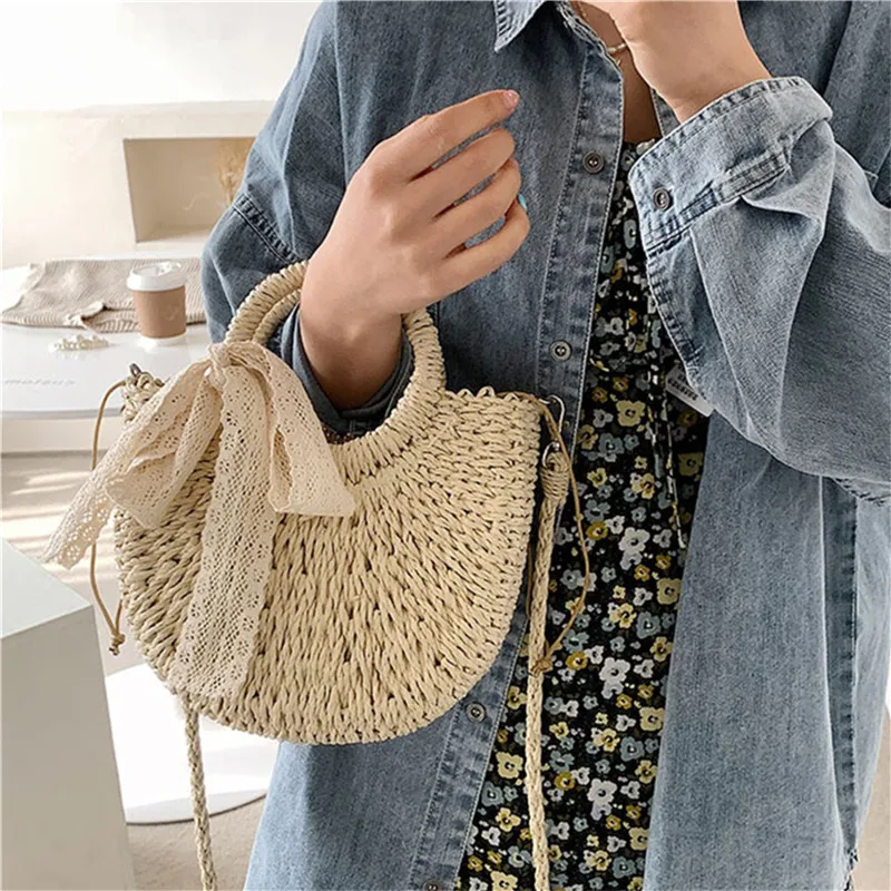 

Straw Bag Women Hand-Woven Handbag Moon Shape Lace Bow Rattan Bag Big Capacity Drawstring Casual Beach Shoulder Crossbody Bags