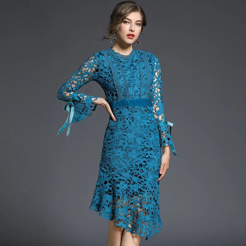 BacklakeGirls Ever Pretty Lake Blue Scoop Neck Full Sleeve Knee Length Hollow Out Lace Cocktail Dress Suknie Wizytowe Plus Size | Свадьбы и