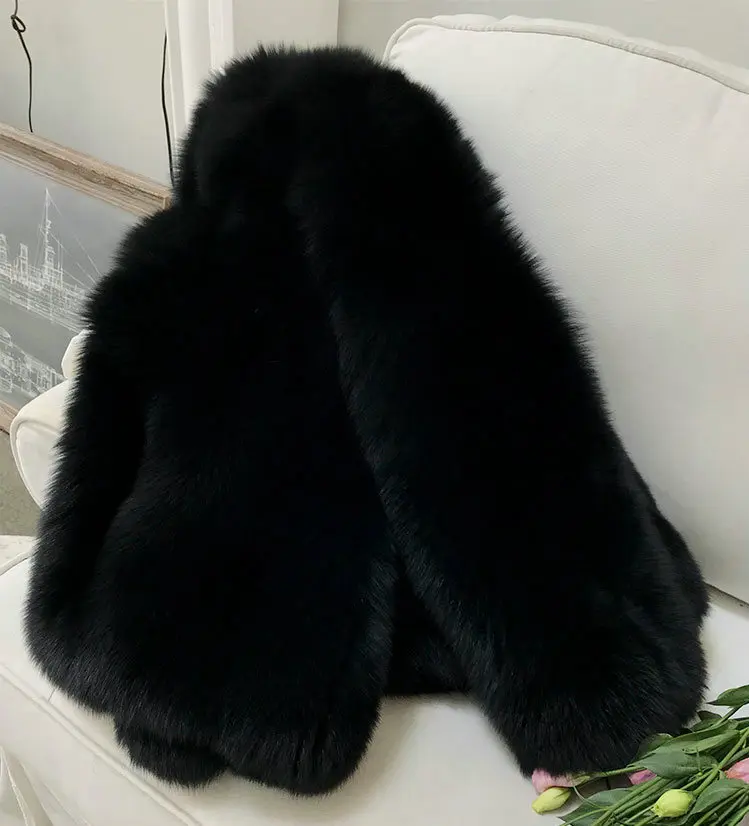 Пальто из искусственного лисьего меха, Женское пальто средней длины, классическое черное меховое пальто