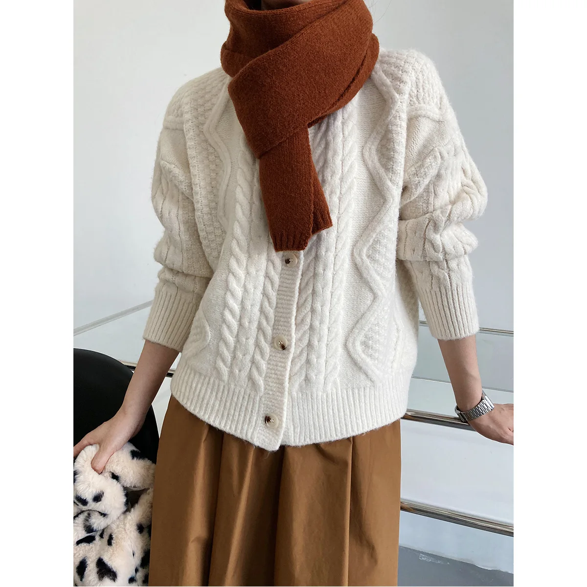 

Euro Solid Color Twist Pattern Coarse Yarn Cardigan O-neck Long Sleeve Women Clothes Sweater Outwear