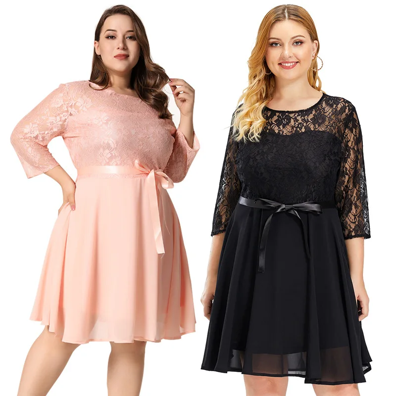 

2020 autumn elegent women o-neck lace plus size knee-length dress XL-4XL