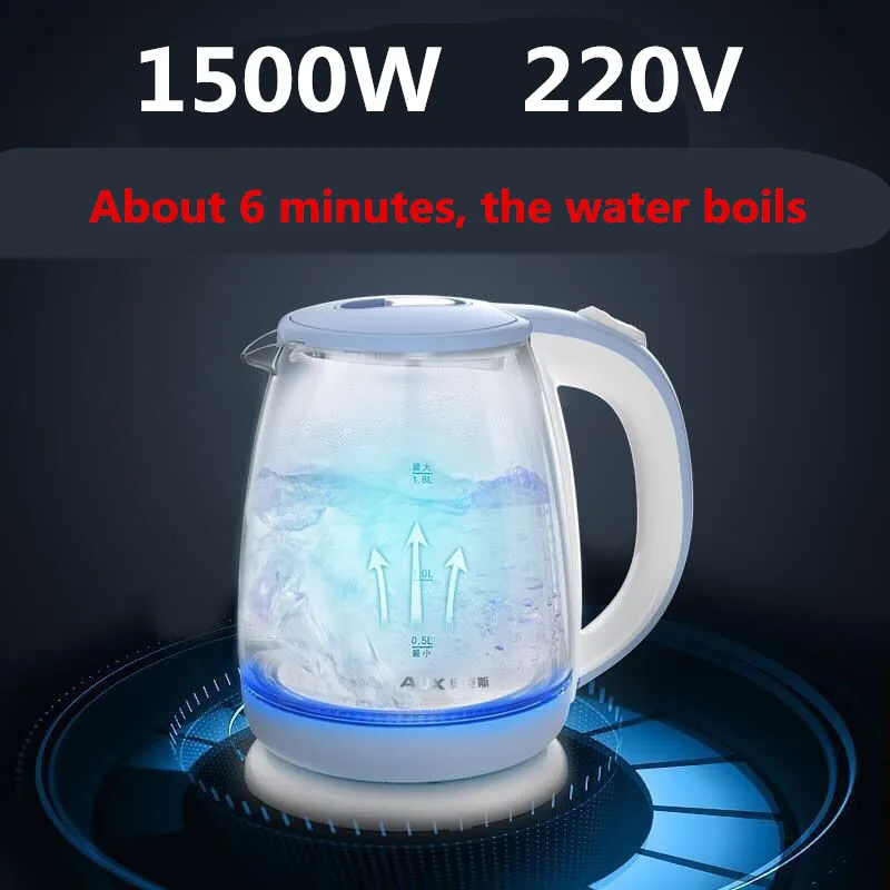 Hervidor de agua eléctrico inalámbrico para cocina, tetera inteligente de vidrio con iluminación LED, 1.8L, 1500W