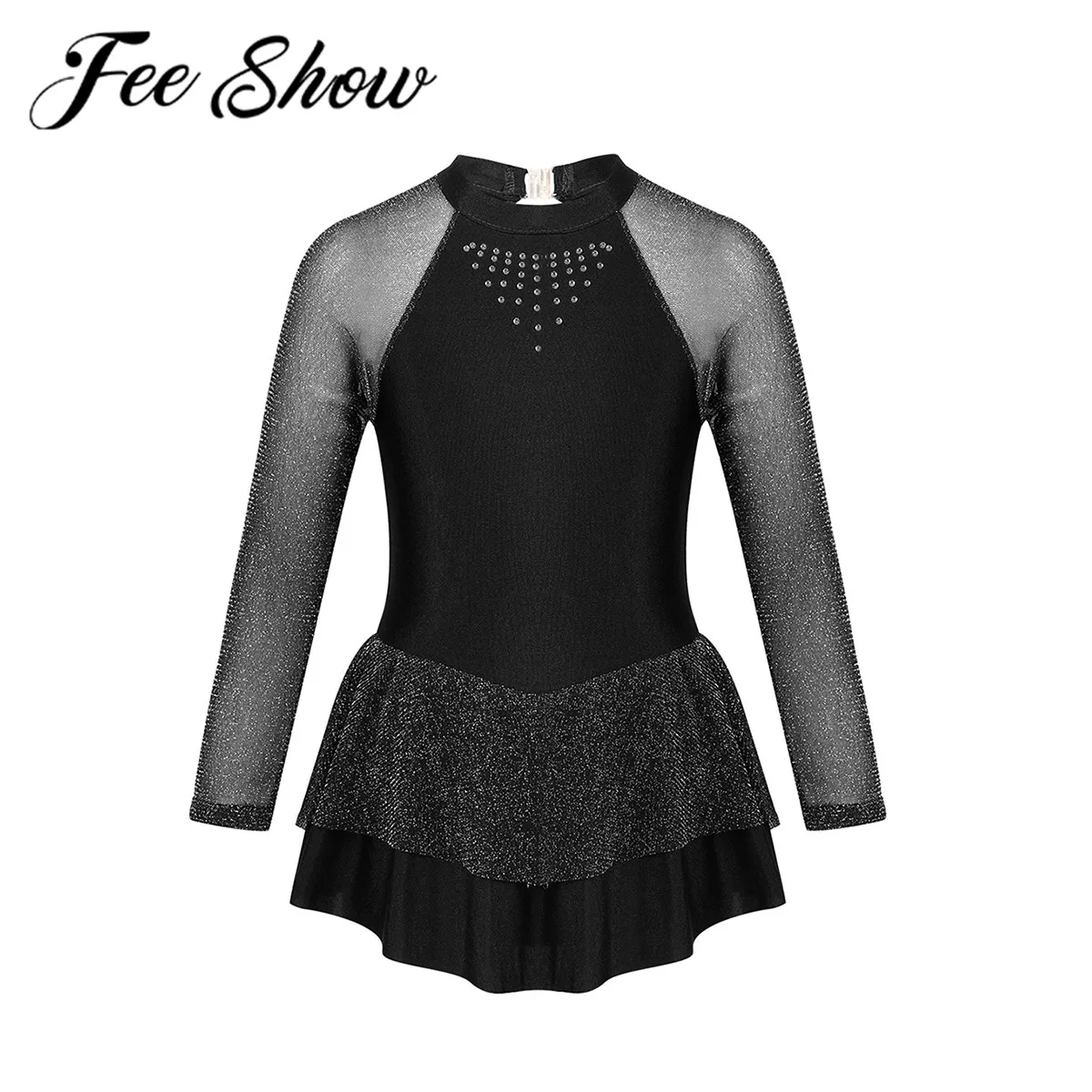 

Kids Girls Ballet Dance Dress Children Gymnastic Leotard Tulle Skirt Shimmering Sparkly Mock Neck Roller Skating Dancing Clothes