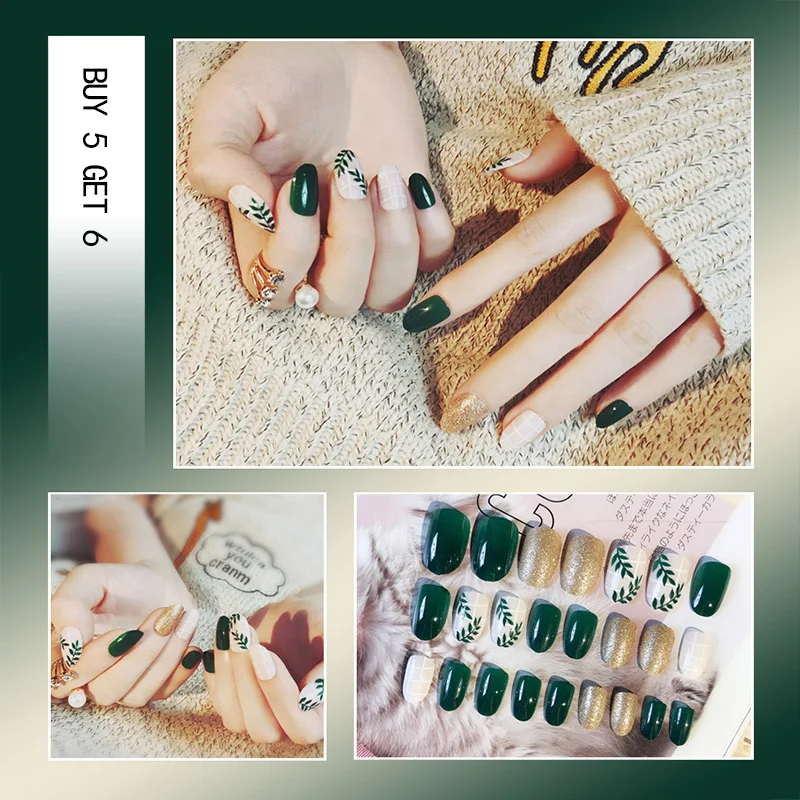 

24pcs/Set Cartoon Leaf Square Short False Nails Flower Heart Fake Nail Girls Red Nail Art Press on Fake Nails with Glue