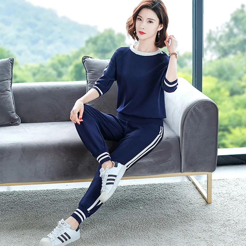 

Casual Fashion Tracksuit Female Summer Stripe Knitted 2 Peice Set Women Short Sleeve O-Neck Pullover Tops + Knit Sweatpants