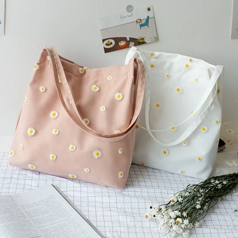 

Fashion Shoulder Bags for Women's Female Shopper Bag Handbag Cute Embroidery Bag with Daisies
