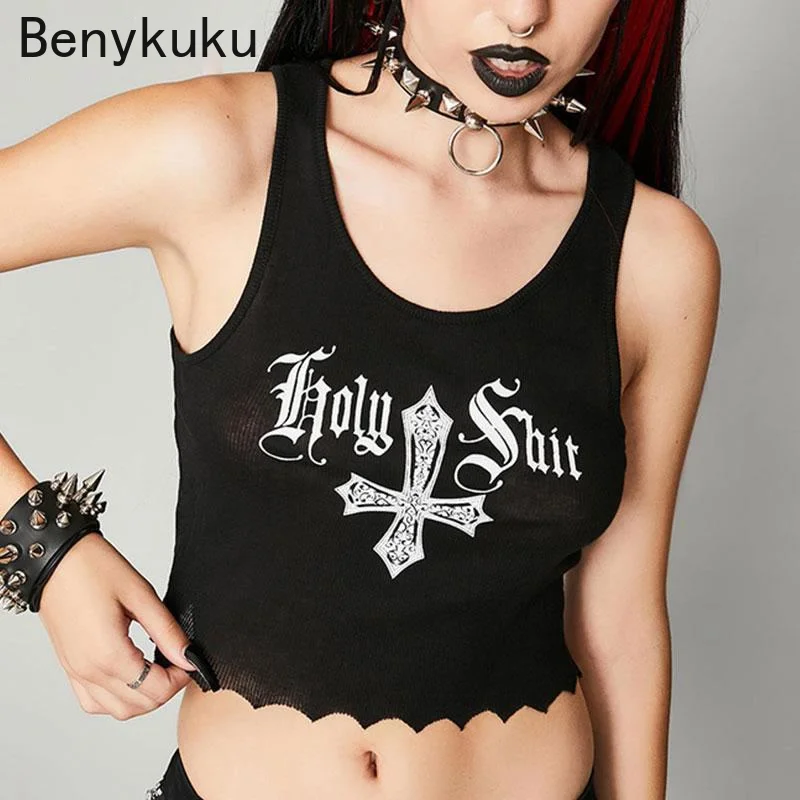 Укороченные майки в готическом стиле с перекрестным принтом облегающий Топ