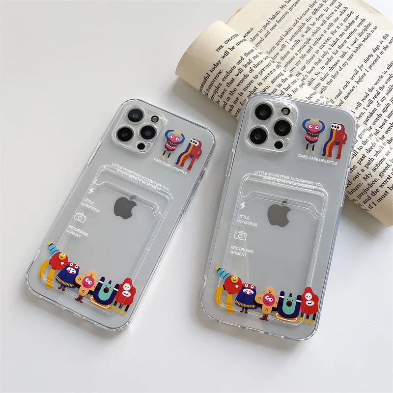 

Cartoon Little Monster Clear Card Bag Phone Case For iPhone 13 12 11 Pro Max Mini X XS XR XSMax 8 7 Plus Shockproof Soft Cover