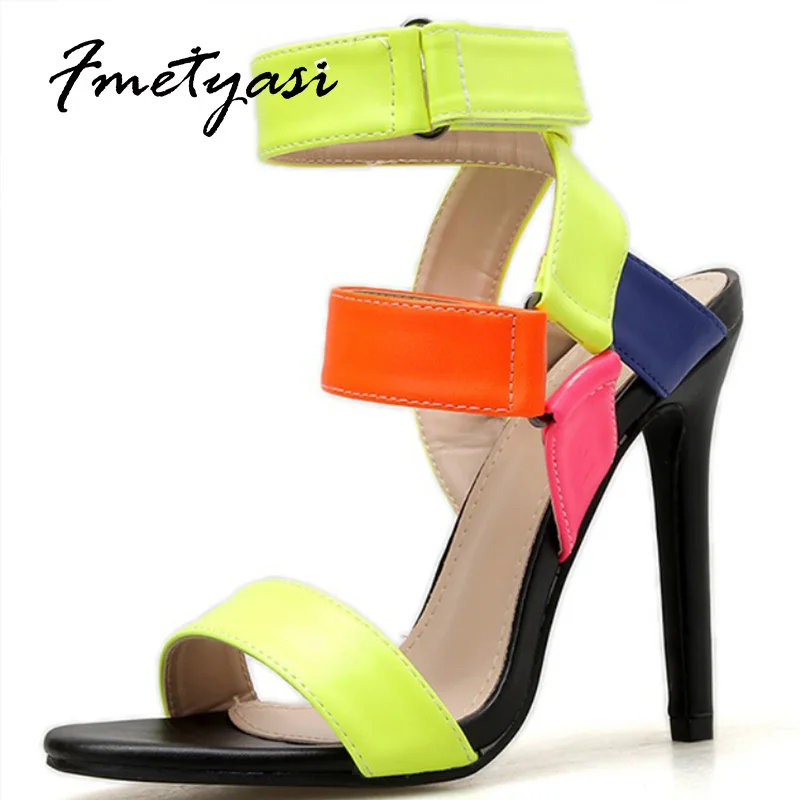 

Summer Sandals for Women Mixed Colors Hook and Loop 2021 New Thin Heels Sewing Ladies Shoes Round Peep Toe Convenient