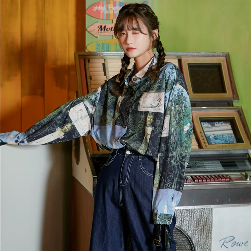 

2021 spring and autumn long-sleeved fashion neutral Hong Kong style loose antique designer printed blended shirt