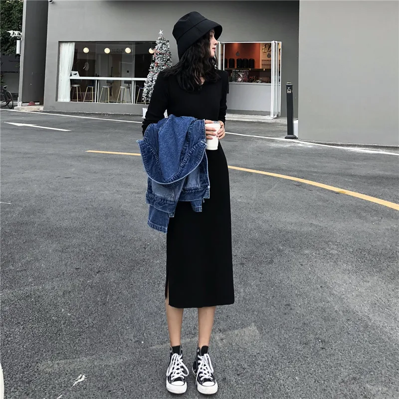 Негабаритный корейский вязаный длинный v-образный Вырез Свободный Боковой