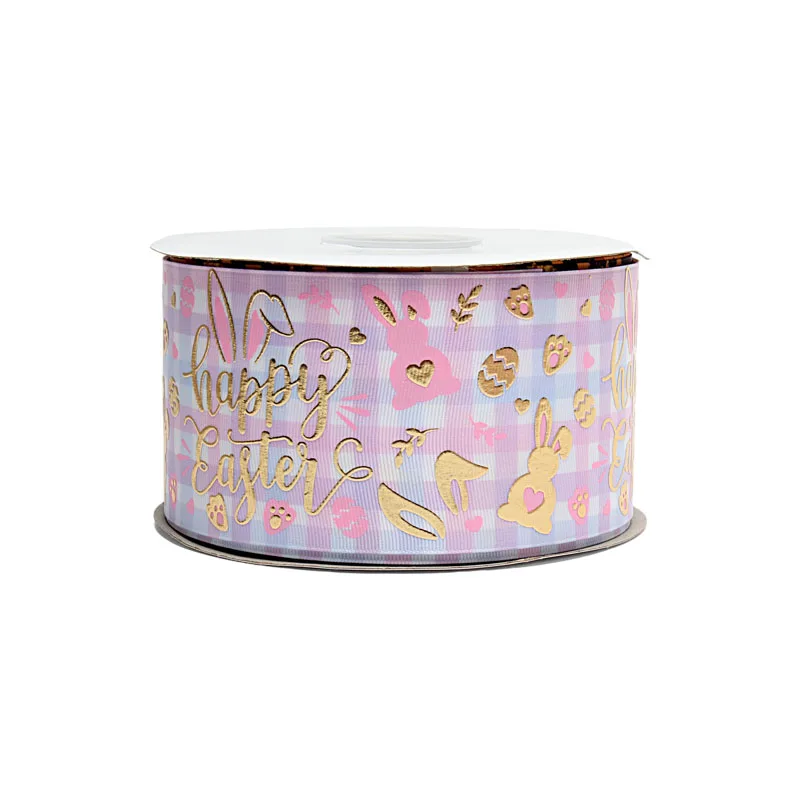 

Foil Gold Happy Easter Cartoon Grosgrain ribbon Printed with Plaid Liston (50 yards/lot) 75MM 3inch for Bow DIY Craft Sewing