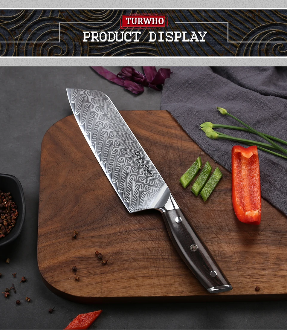 TURWHO, 7 дюймов, японские ножи шеф-повара, дамасская сталь, ножи Santoku, для мяса, фруктов, овощей, Профессиональный кухонный нож
