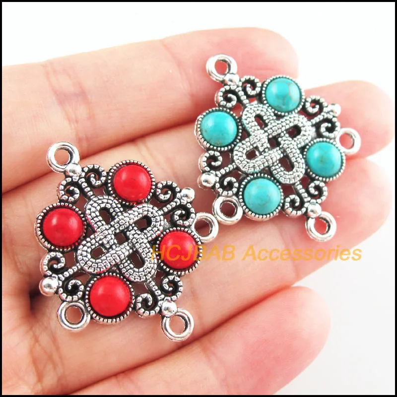 4 шт., искусственный серебристый тон, китайский узел, синий и красный камень, фотосессия 30x37 мм